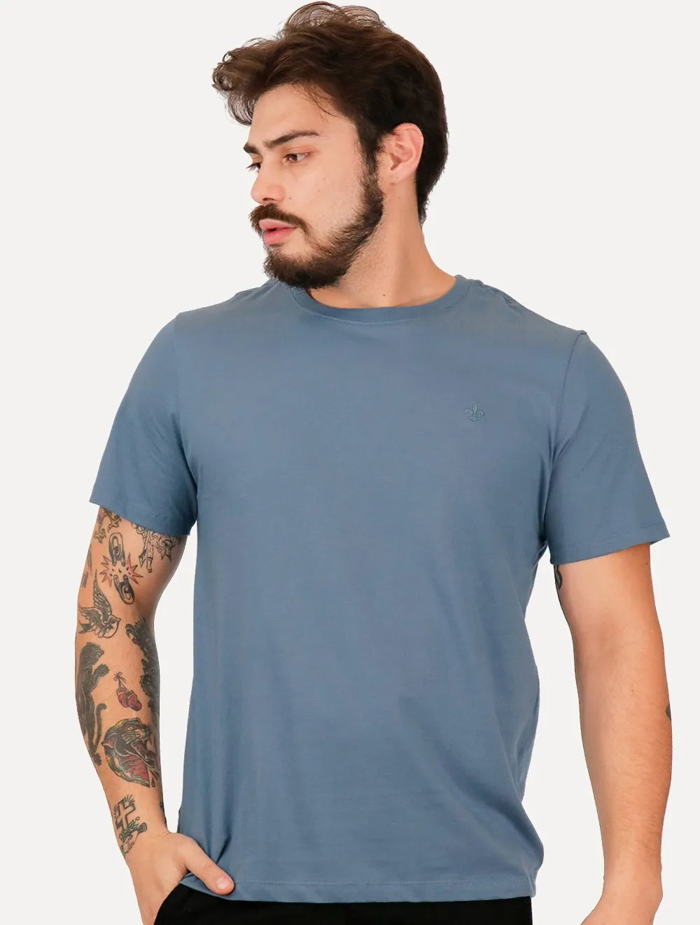 Camiseta Dudalina Masculina Essentials Modal Logo Azul Médio