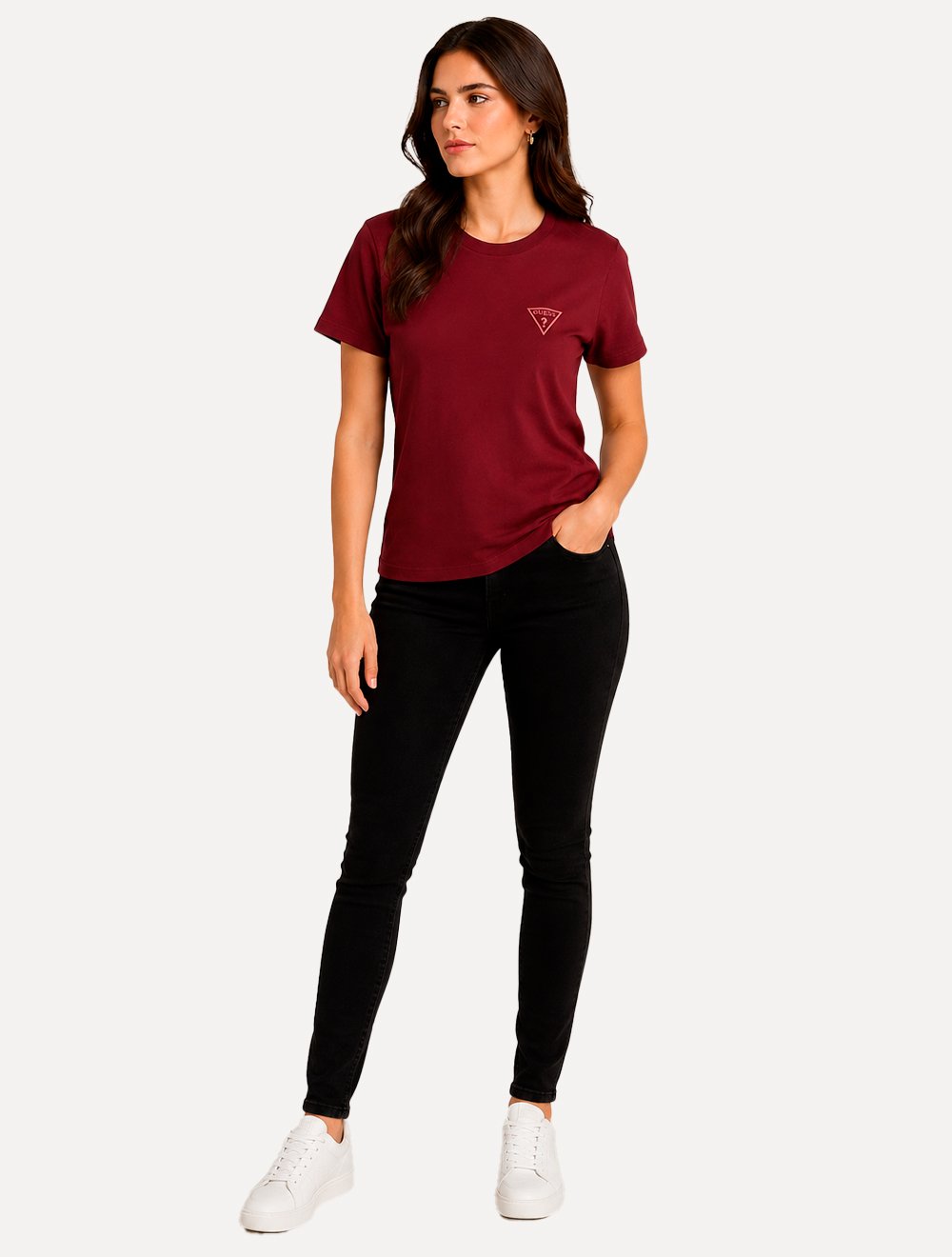 Camiseta Guess Feminina Chest Rubber Logo Vermelho Escuro