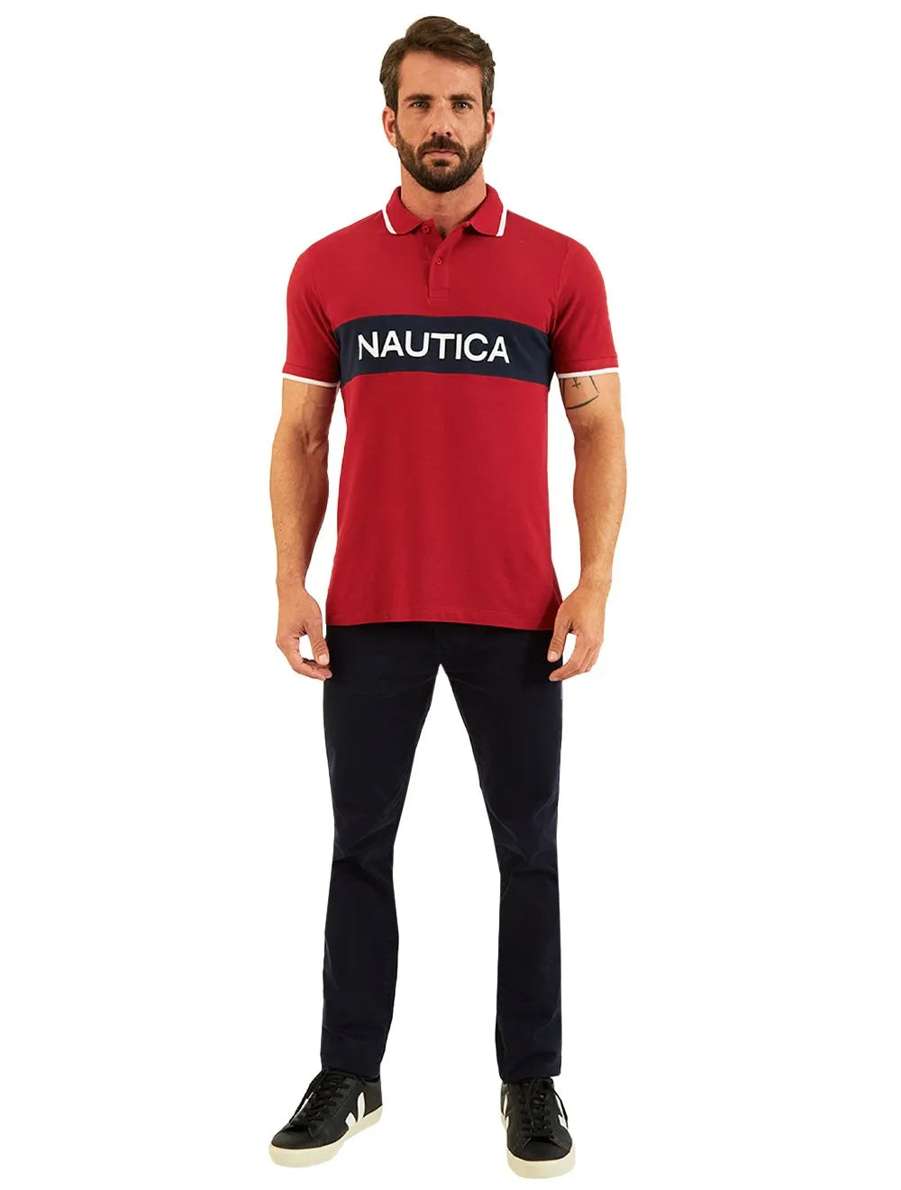Polo Nautica Masculina Piquet Frisos Logo Colorblock Vermelha