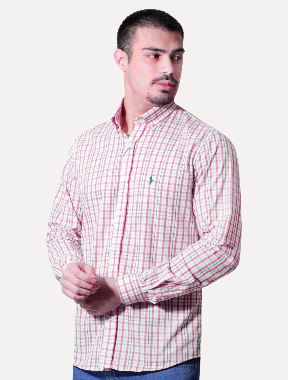 Camisa Ralph Lauren Masculina Custom Fit Atenas Xadrez Coral/Branca