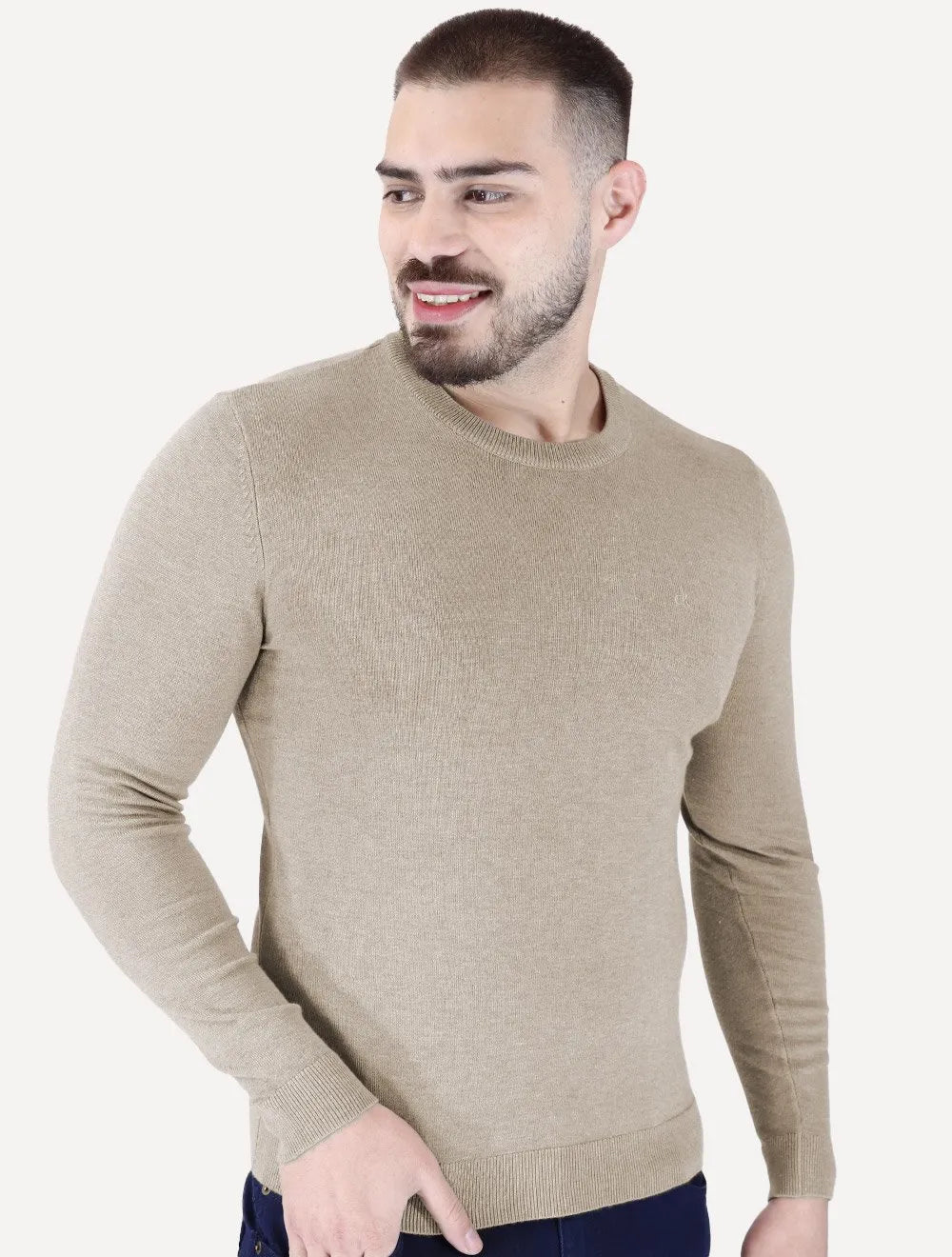 Suéter Calvin Klein Jeans Masculino Crewneck Tricot Mini Logo Cáqui Mescla