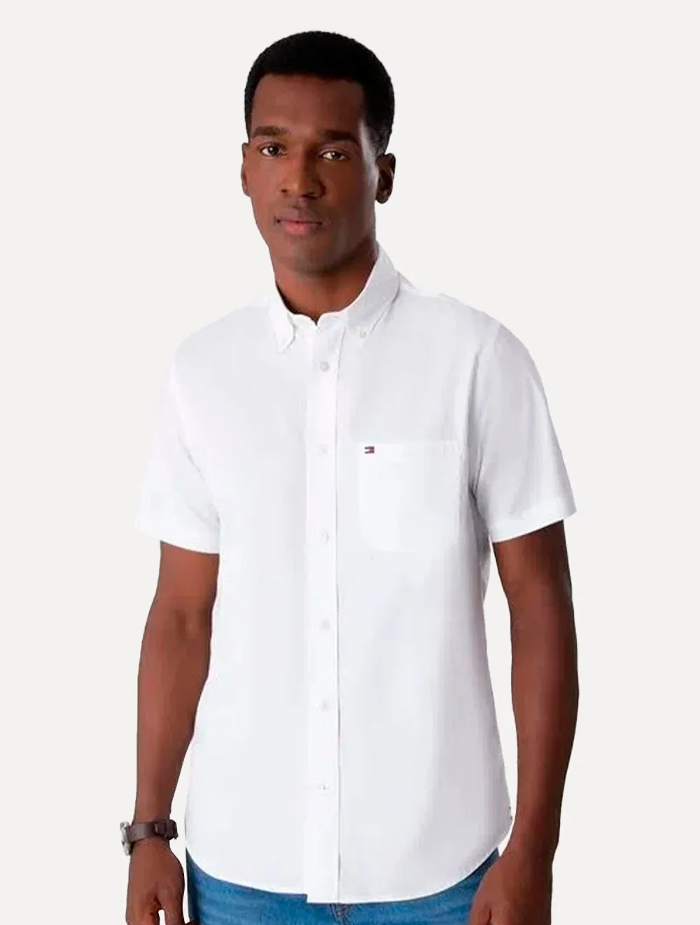 Camisa Tommy Hilfiger Masculina Manga Curta Pocket Light Oxford Branca