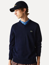 Suéter Lacoste Masculino Classic Fit Gola V Logo Azul Marinho