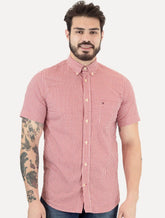 Camisa Tommy Hilfiger Masculina Manga Curta Xadrez Gingham Branca/Vermelha
