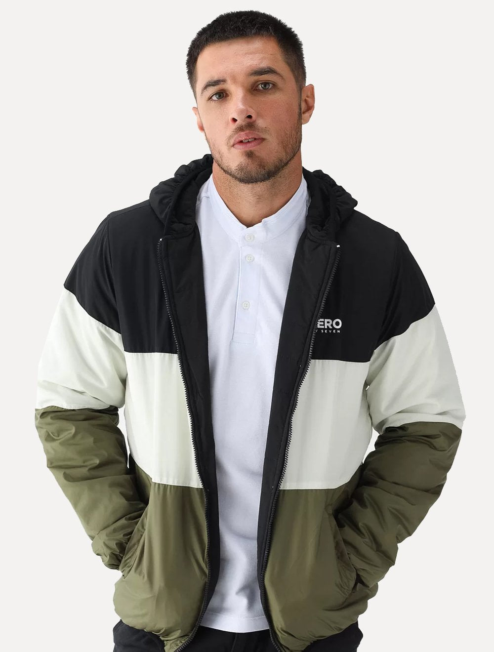 Jaqueta Aeropostale Masculina Dupla Face Nylon Colorblock Preta/Branca/Militar