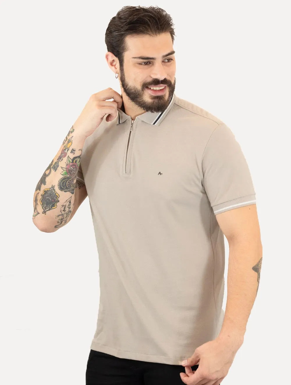 Polo Aramis Masculina Piquet New Classic Zíper Cáqui Claro
