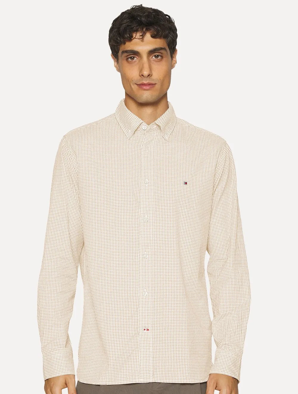 Camisa Tommy Hilfiger Masculina Xadrez Gingham Branca/Cáqui Claro