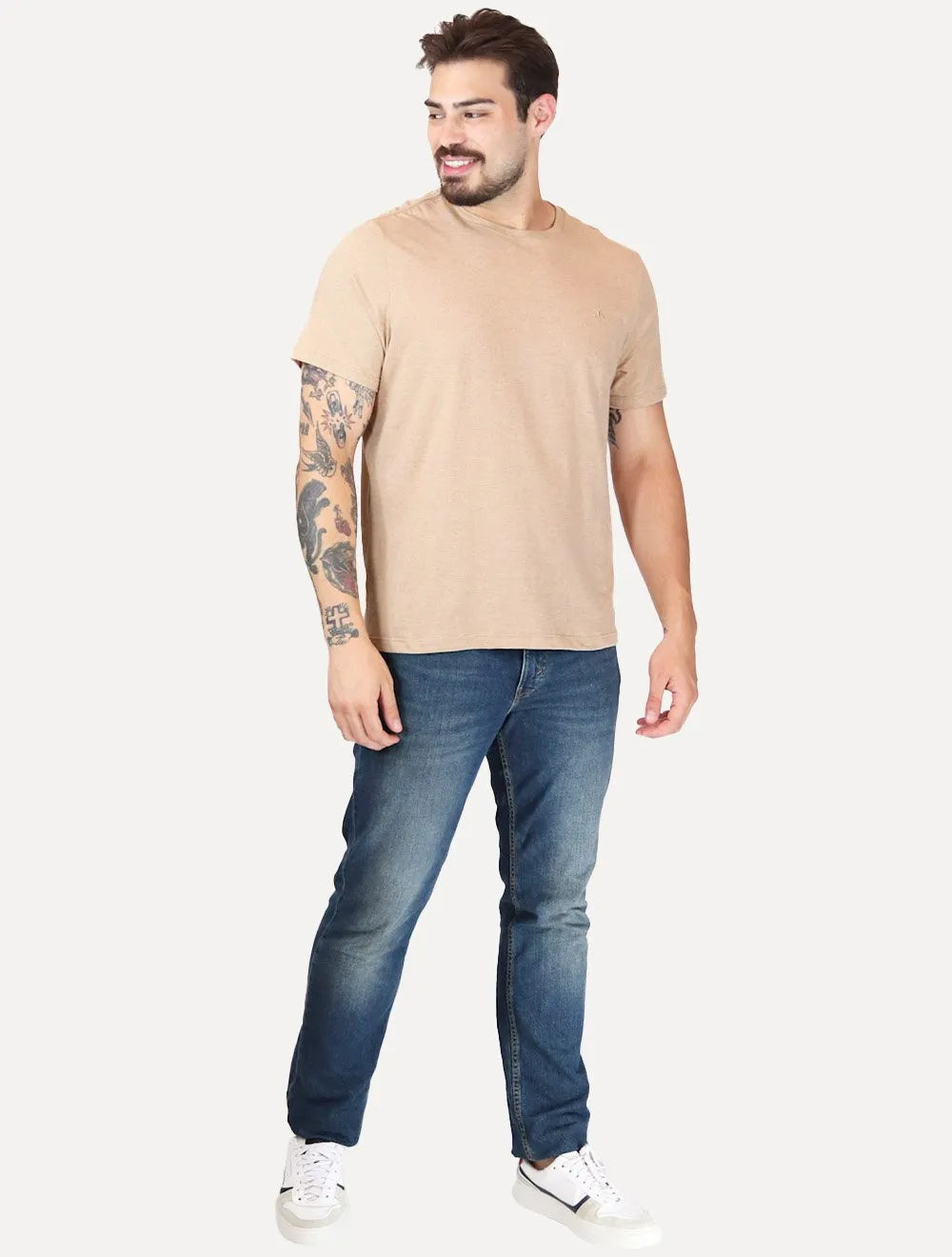 Camiseta Dudalina Masculina Cotton Regular Caqui Claro Mescla