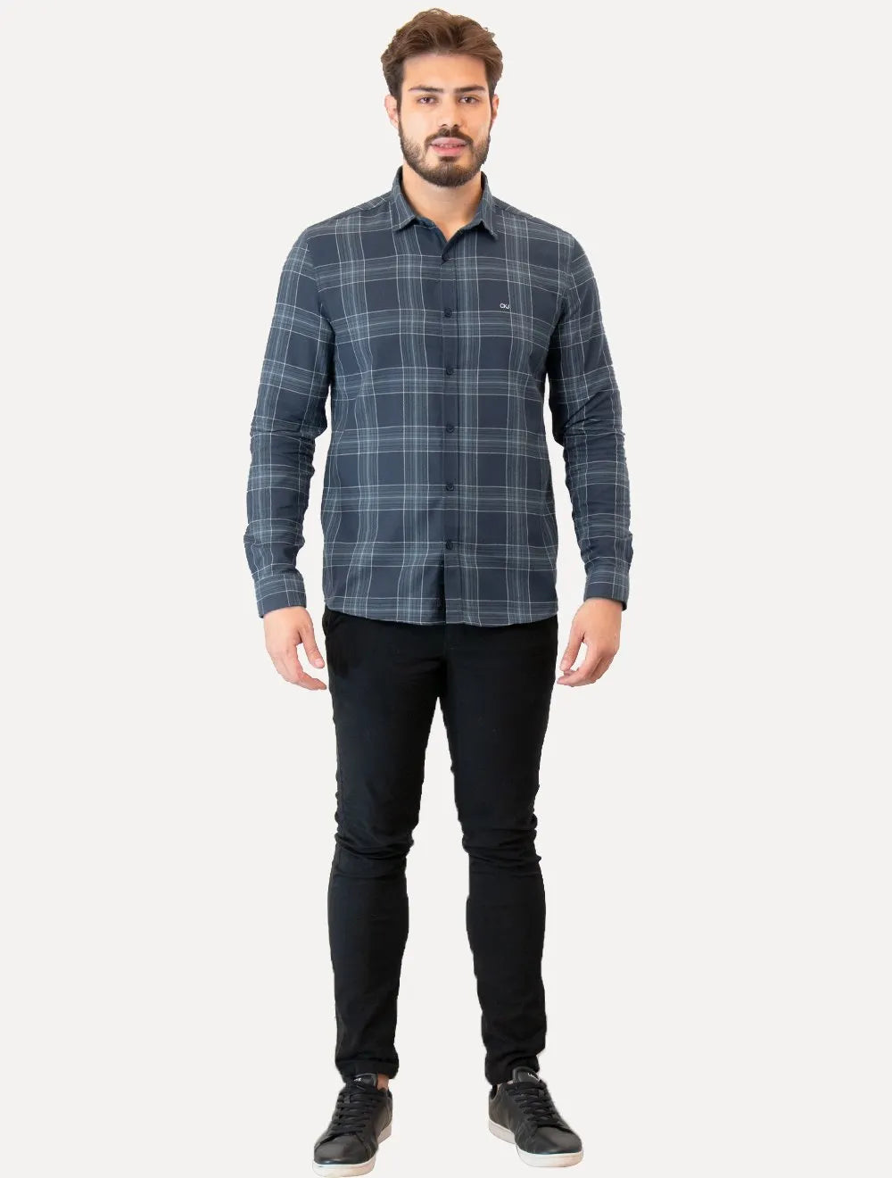 Camisa Calvin Klein Jeans Masculina Slim Navy Flannel Xadrez Azul Marinho