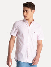 Camisa Tommy Hilfiger Masculina Manga Curta Regular Listrada Oxford Rosa Claro