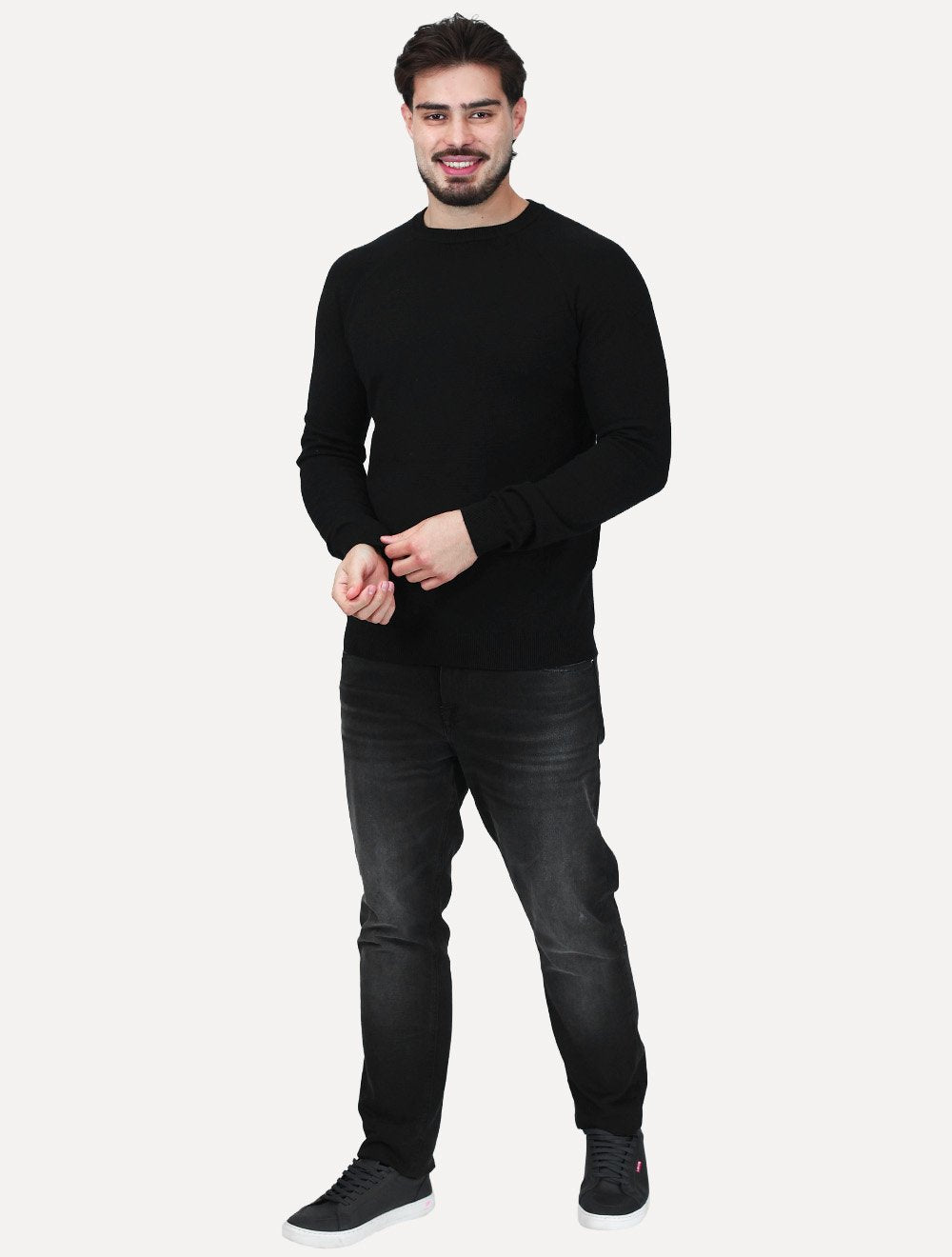 Suéter Dixen Masculina Tricot Manga Longa Raglan Gola Careca Preta
