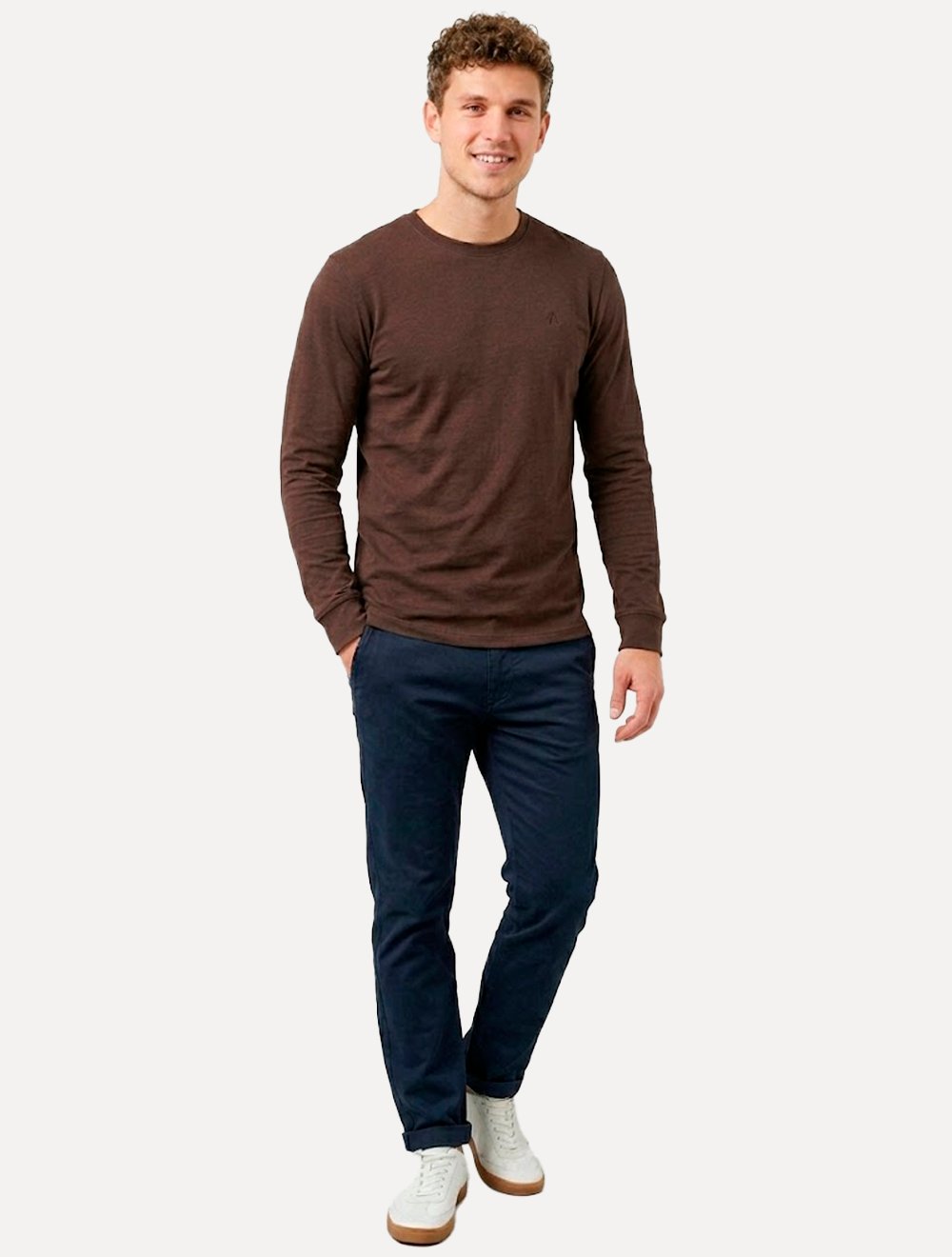 Camiseta Aramis Masculina Manga Longa Basica Mono Logo Marrom Café