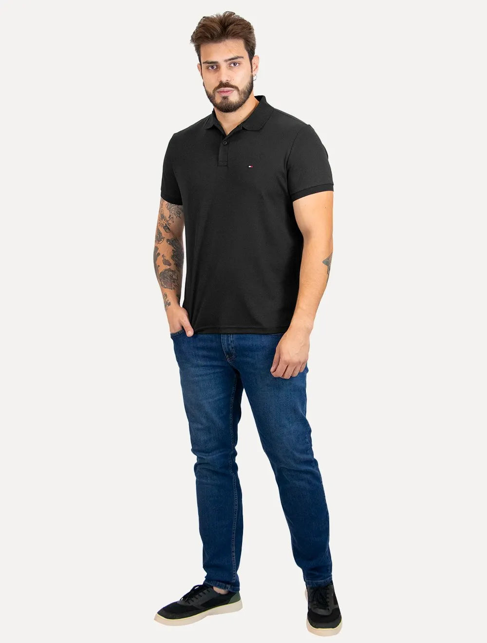 Polo Tommy Hilfiger Masculina Malha Liquid Cotton Essential Preta