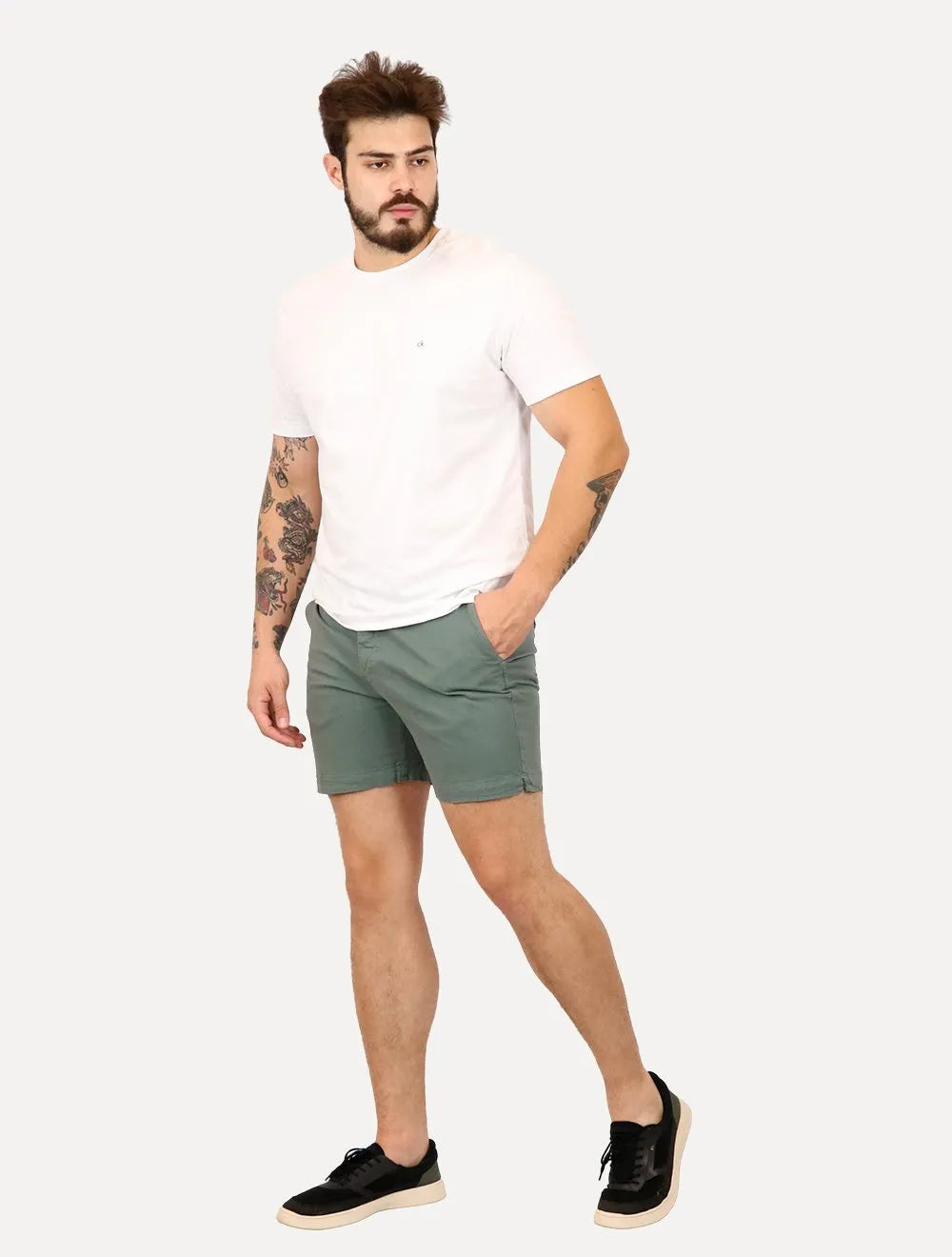 Bermuda Sergio K Masculina Chino Sarja Elastano Fivela Verde Médio