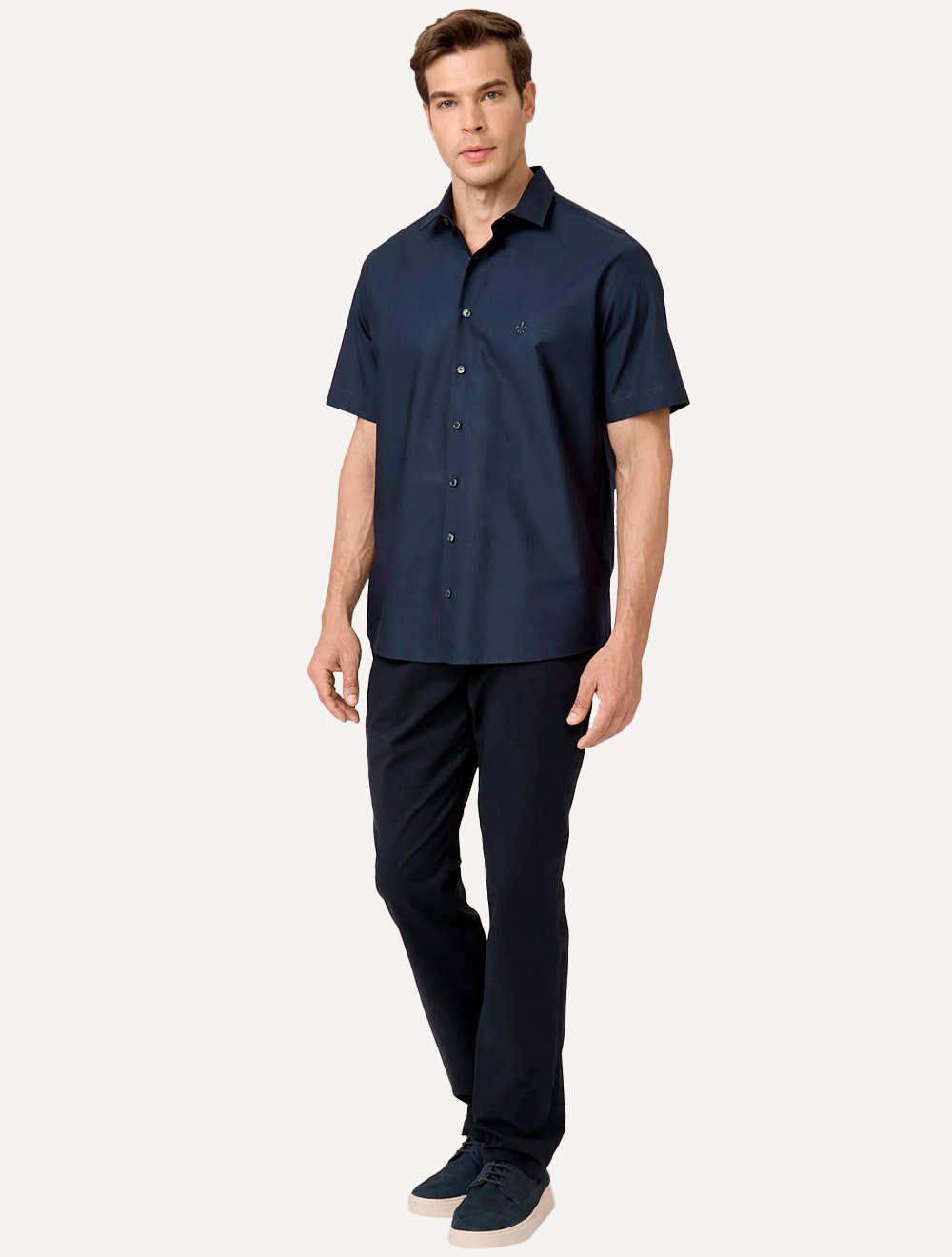 Camisa Dudalina Masculina Manga Curta Comfort Superfine Cotton Mono Logo Lisa Azul Marinho