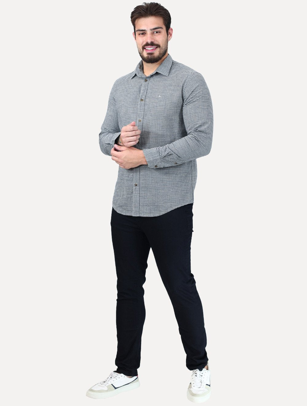 Camisa Aramis Masculina Regular Mini Xadrez Mescla Azul/Cinza