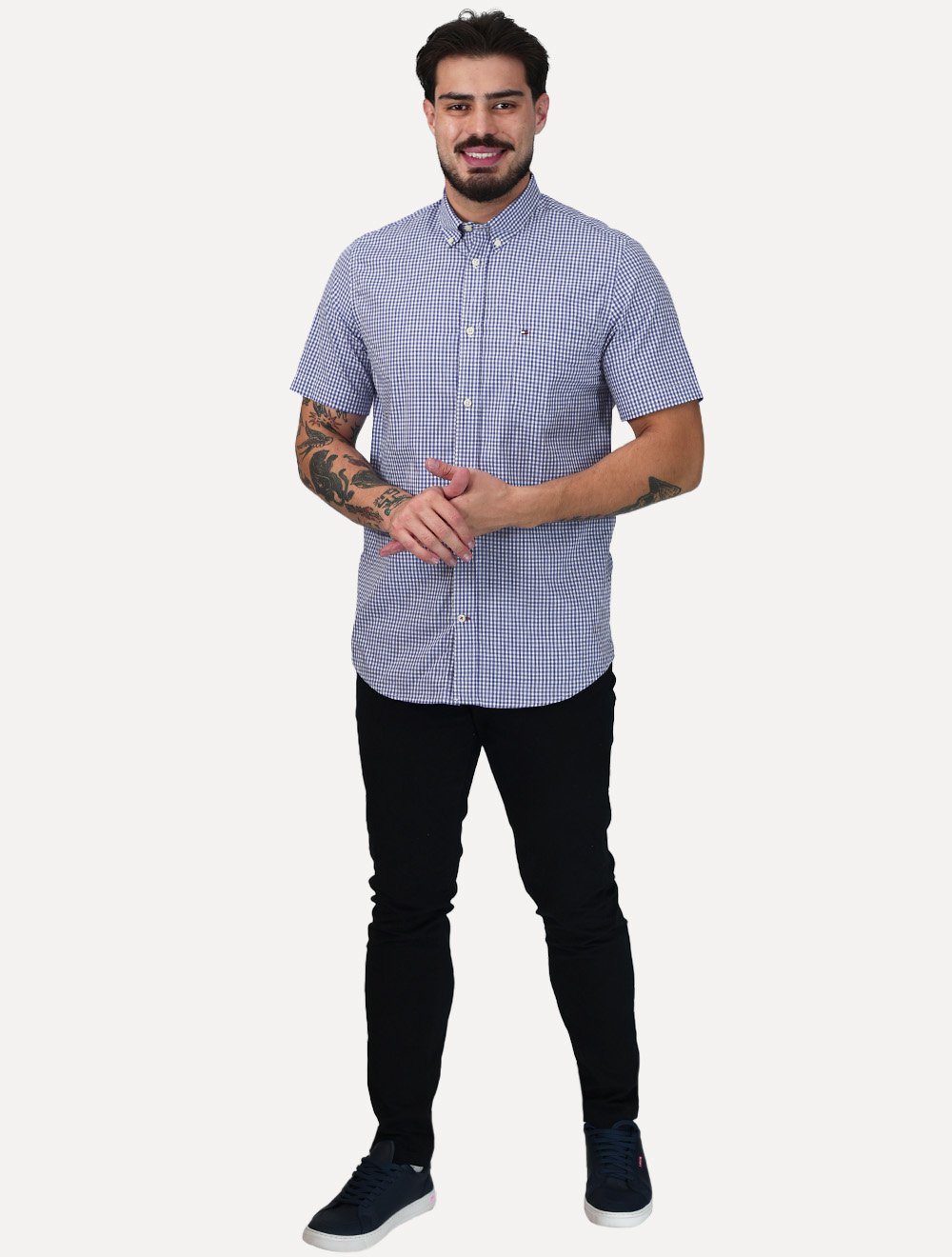 Camisa Tommy Hilfiger Masculina Manga Curta Pocket Gingham Azul Médio