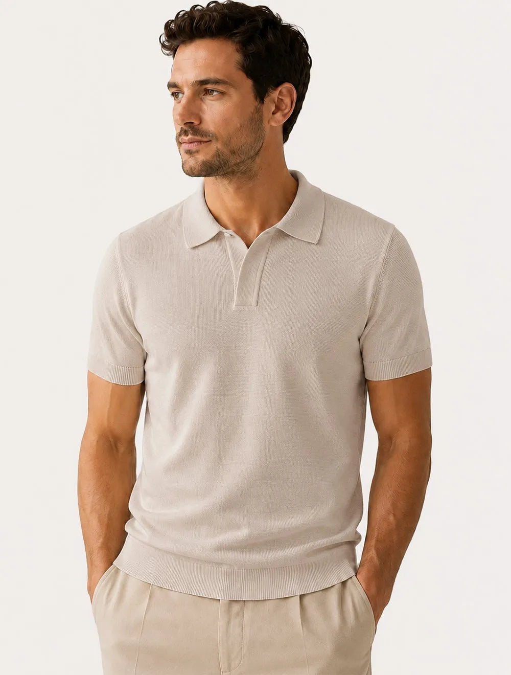Polo Dixen Masculina Tricot Viscose Texturizada Manga Curta Cáqui Médio