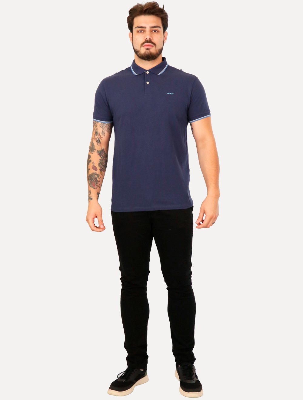Polo Colcci Masculina Piquet Blue Logo Friso Azul Escuro