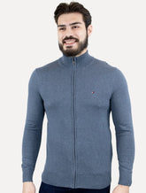 Suéter Tommy Hilfiger Masculino Essential Cotton Zip Through Azul Mescla