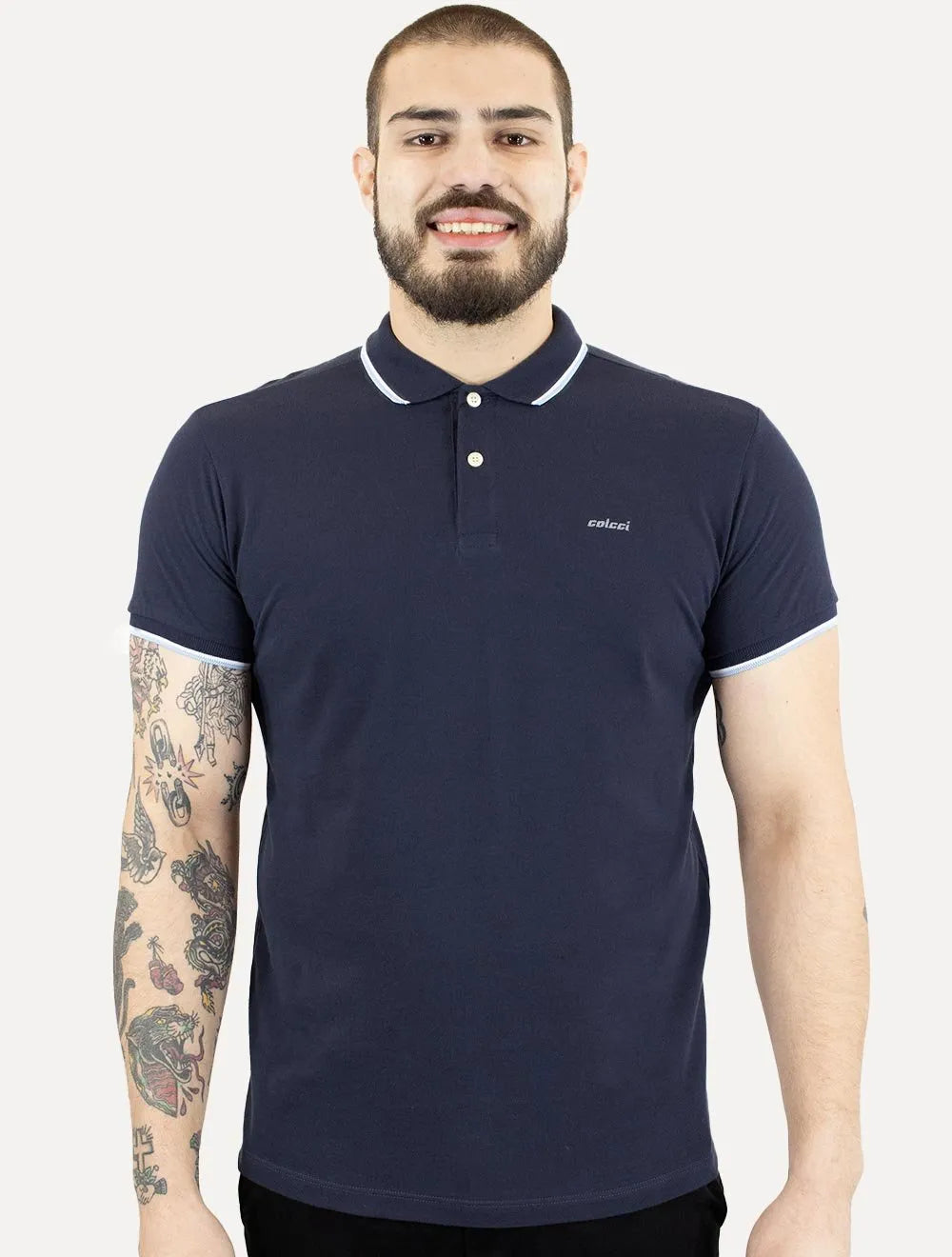 Polo Colcci Masculina Piquet Blue Frisos Simple Logo Azul Marinho