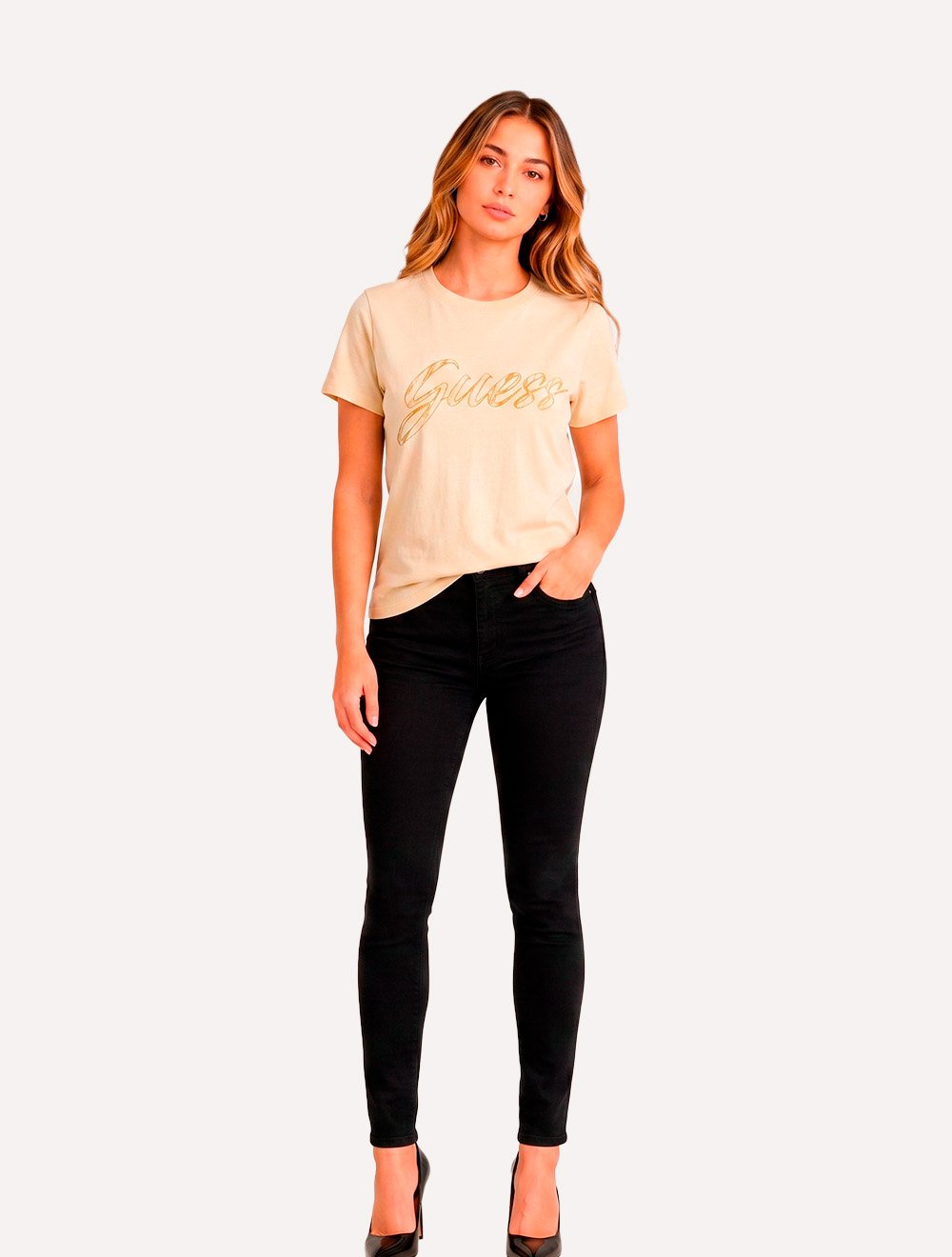 Camiseta Guess Feminina Signature Logo Foil Creme