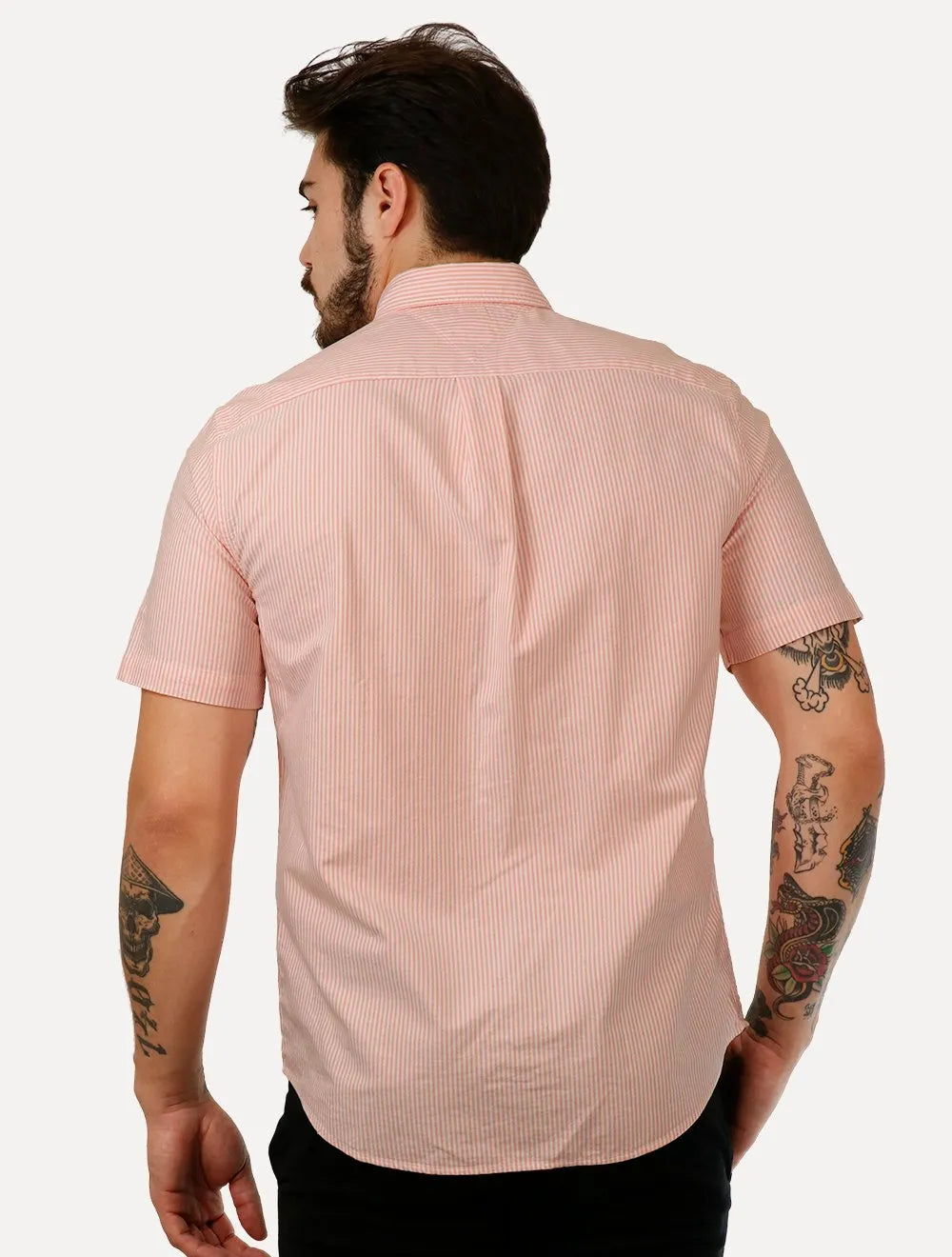 Camisa Tommy Hilfiger Masculina Manga Curta Regular Oxford Stripes Laranja Mescla