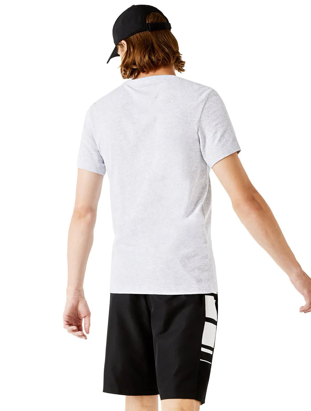Camiseta Lacoste Masculina Jersey Sport 3D White Logo Cinza Mescla