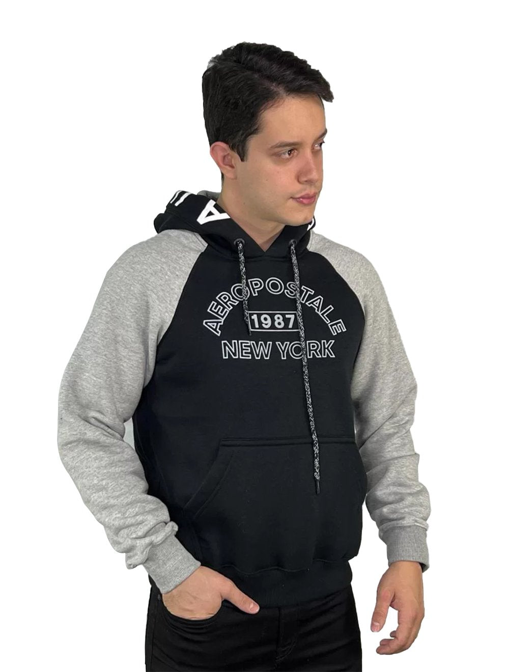 Moletom Aeropostale Masculino Hoodie Raglan Arc Lettering Mescla/Preto