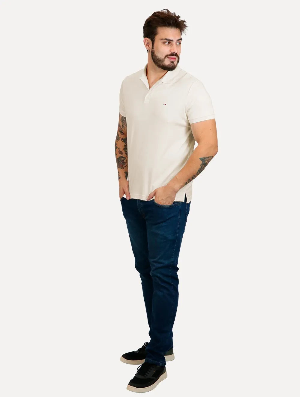 Polo Tommy Hilfiger Masculina Malha Liquid Cotton Essential Off-White