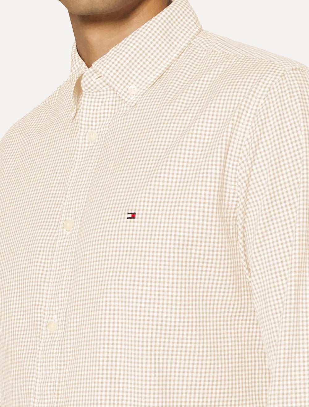 Camisa Tommy Hilfiger Masculina Xadrez Gingham Branca/Cáqui Claro
