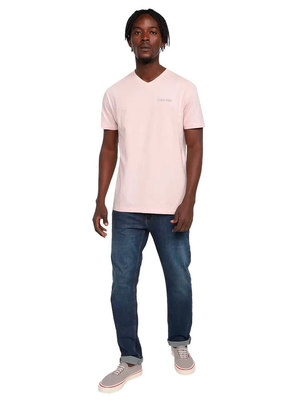 Camiseta Calvin Klein Swimwear Masculina V-Neck Slim Fit Logo Rosa Claro