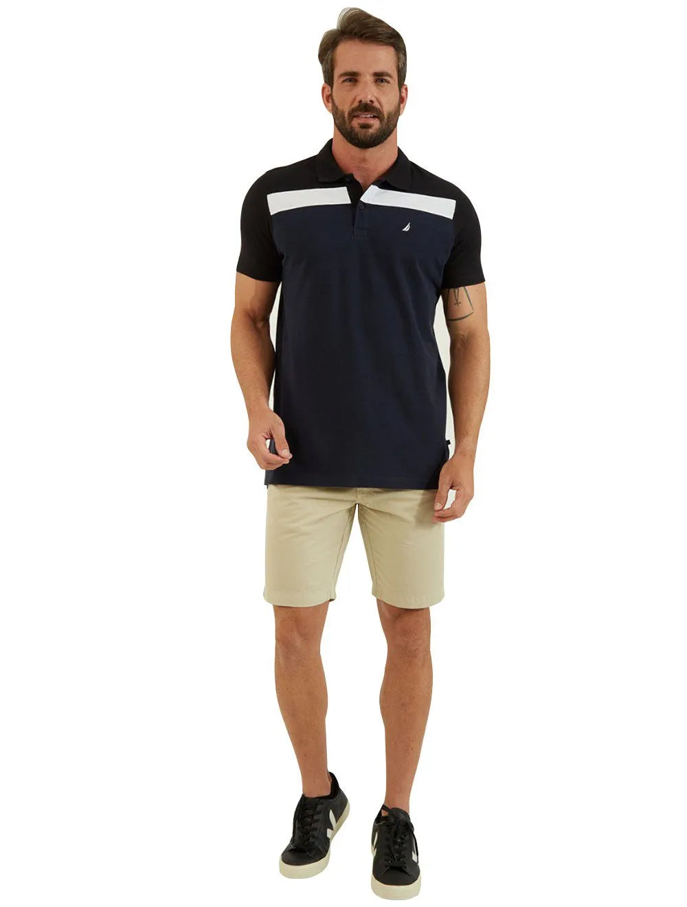 Polo Nautica Masculina Piquet Chest Sash Logo Sail Marinho/Preta