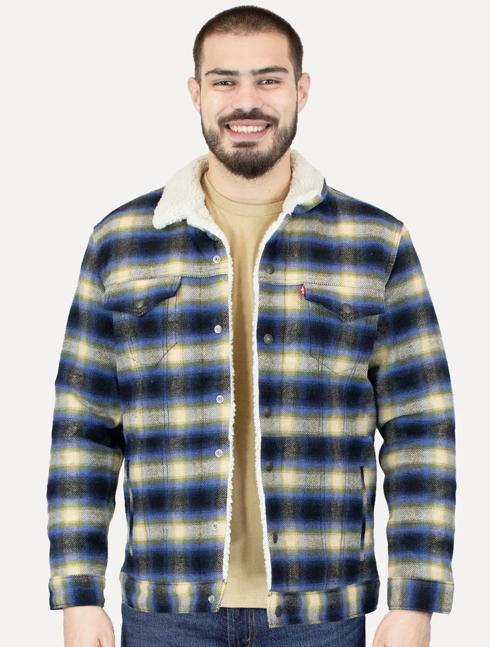 Jaqueta Levis Masculina Trucker Xadrez Print Sherpa Cáqui Azul