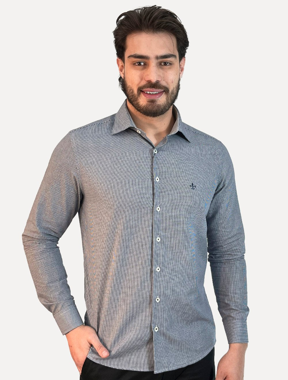 Camisa Dudalina Masculina Superfine Slim Tricoline Quadriculado Mono Logo Azul Marinho
