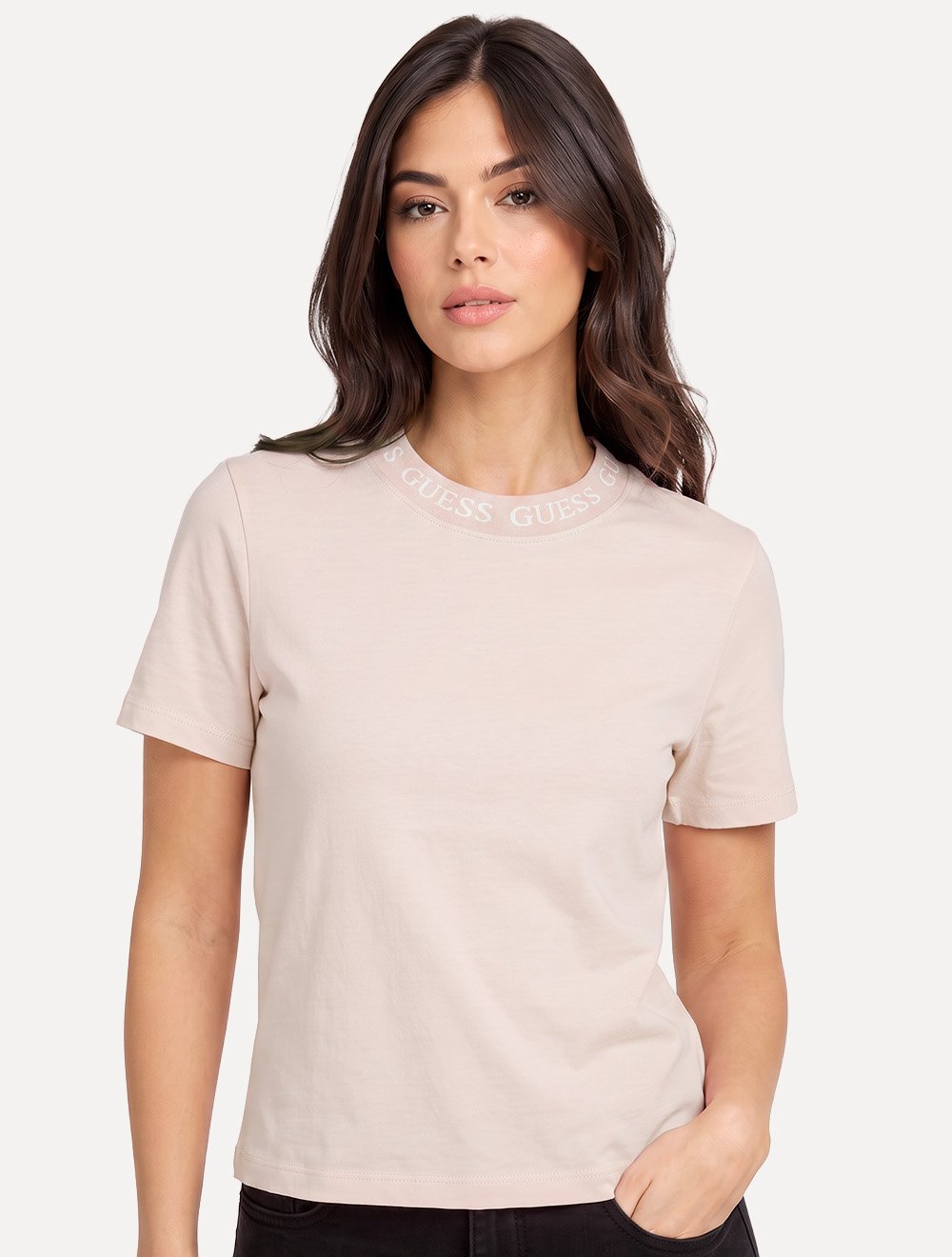 Camiseta Guess Feminina Textured Collar Logo Rosa Claro