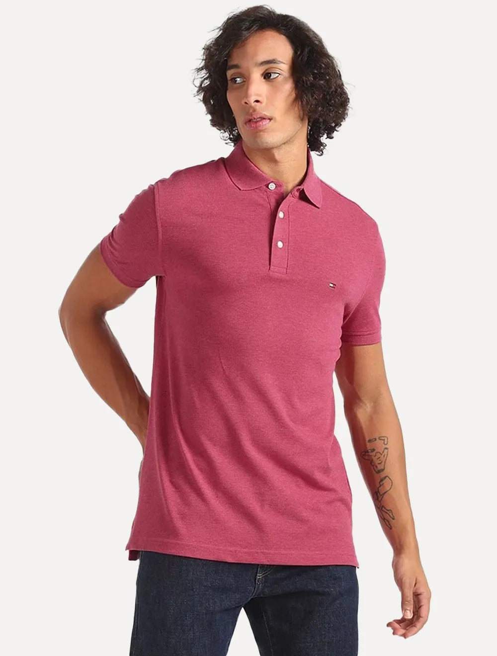 Polo Tommy Hilfiger Masculina Slim Piquet 1985 Rosa Mescla