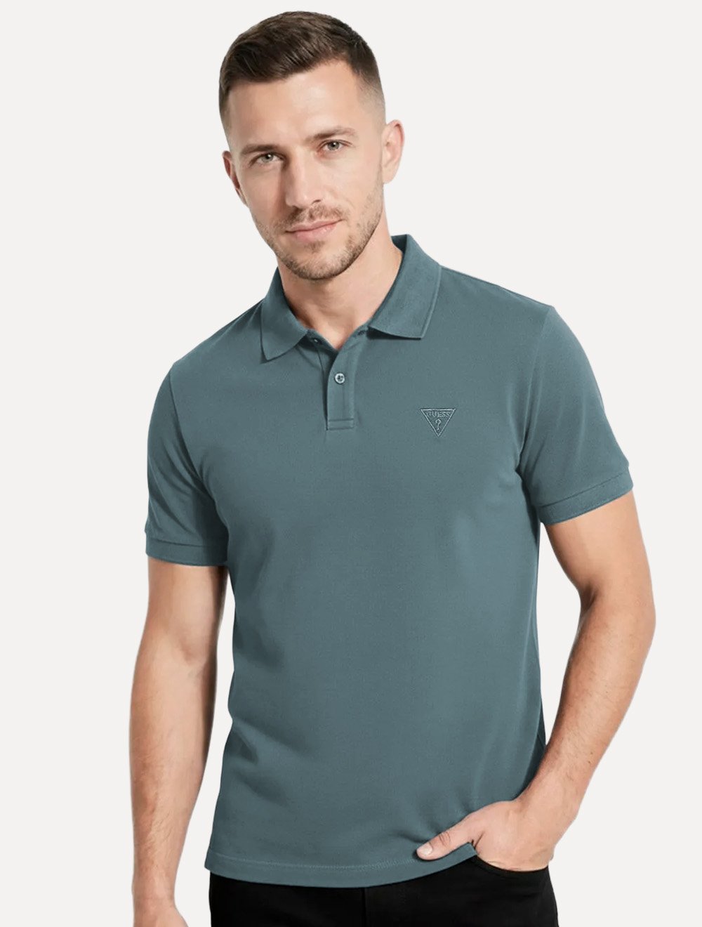 Polo Guess Masculina Piquet Chest Embroidery Logo Azul Médio