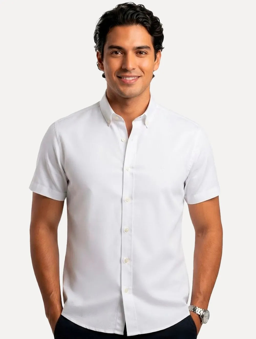Camisa Dudalina Masculina Manga Curta Slim Superfine Cotton Tricoline Lisa Branca