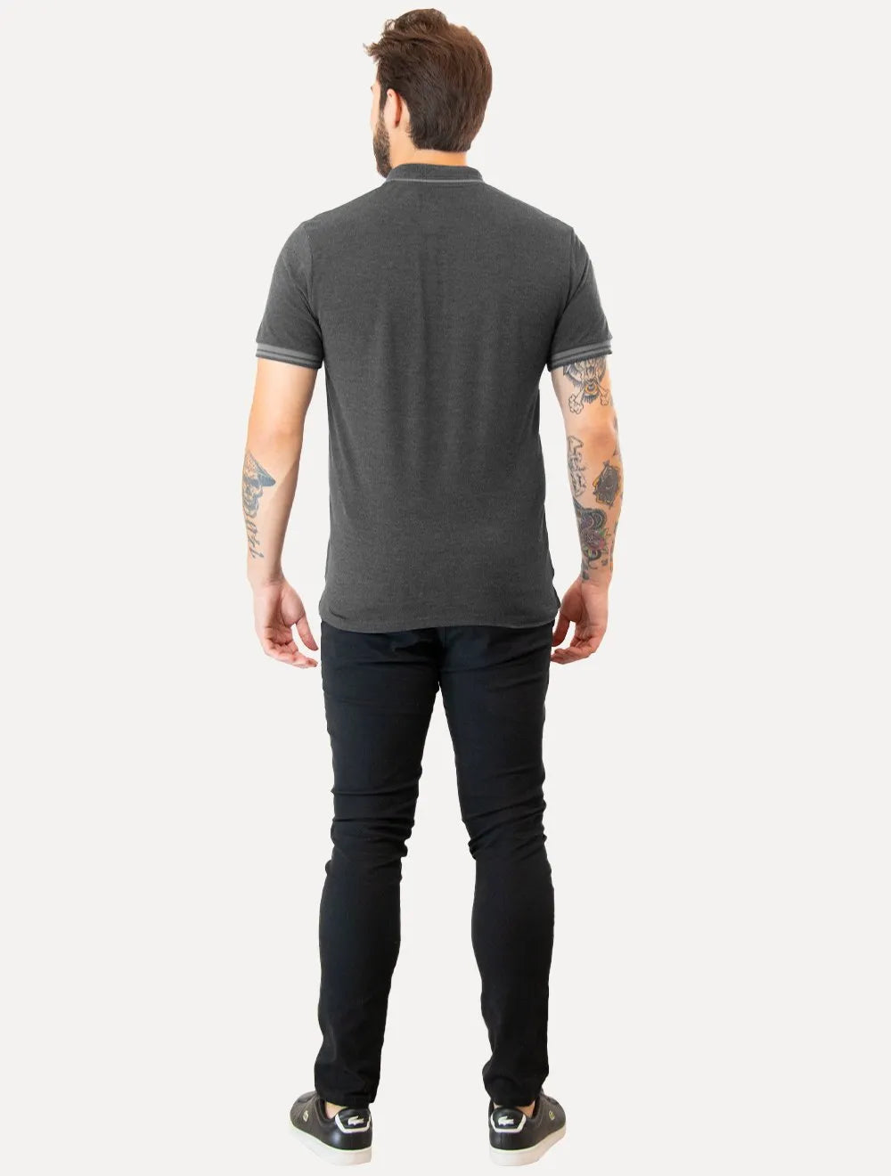 Polo Guess Masculina Piquet Frisos Triangulo Bordado Light Cinza Escuro Mescla