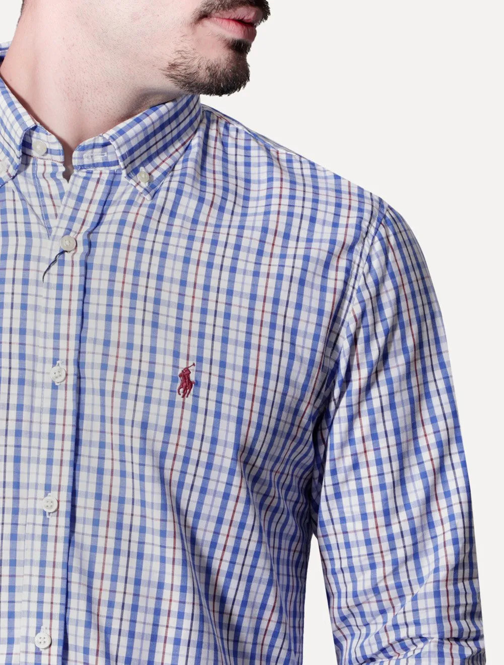 Camisa Ralph Lauren Masculina Custom Fit Atenas Xadrez Azul Royal/Branca