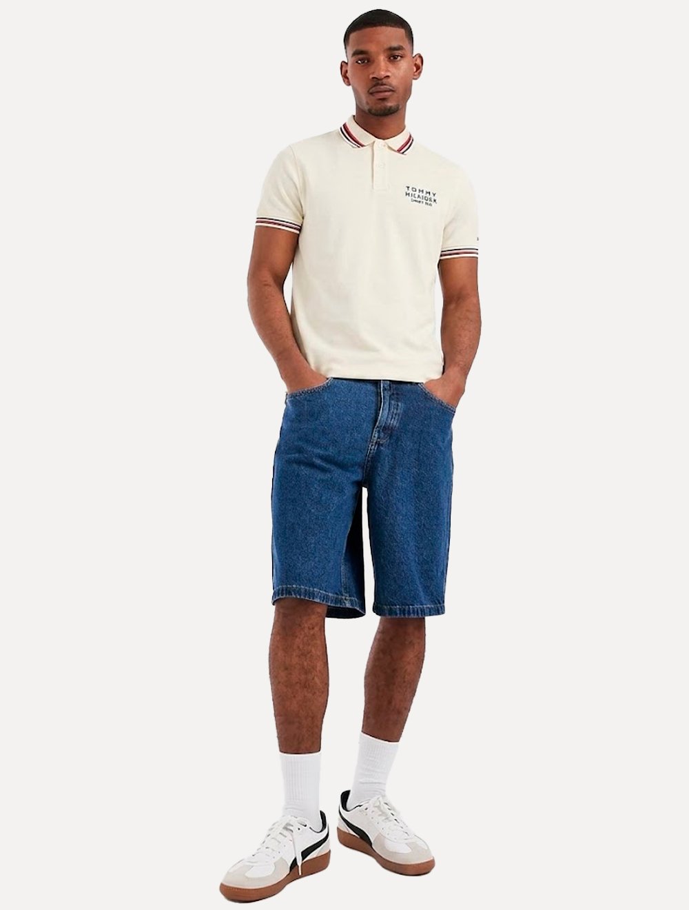 Polo Tommy Hilfiger Masculina Regular Stripe Collar Cuff Detail Off White