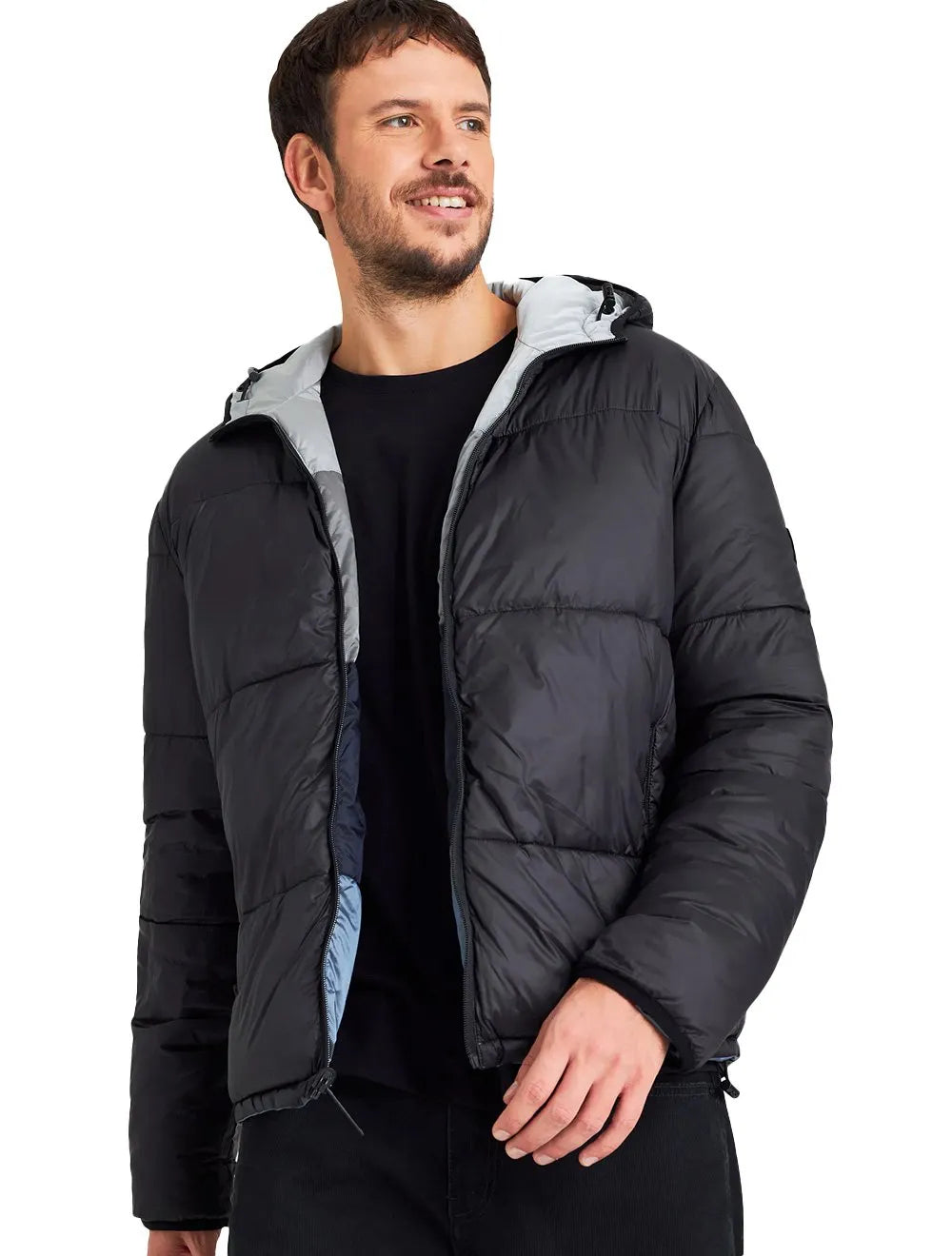 Jaqueta Reserva Masculina Hoodie Double Face Puffer Chumbo Cinza Preta