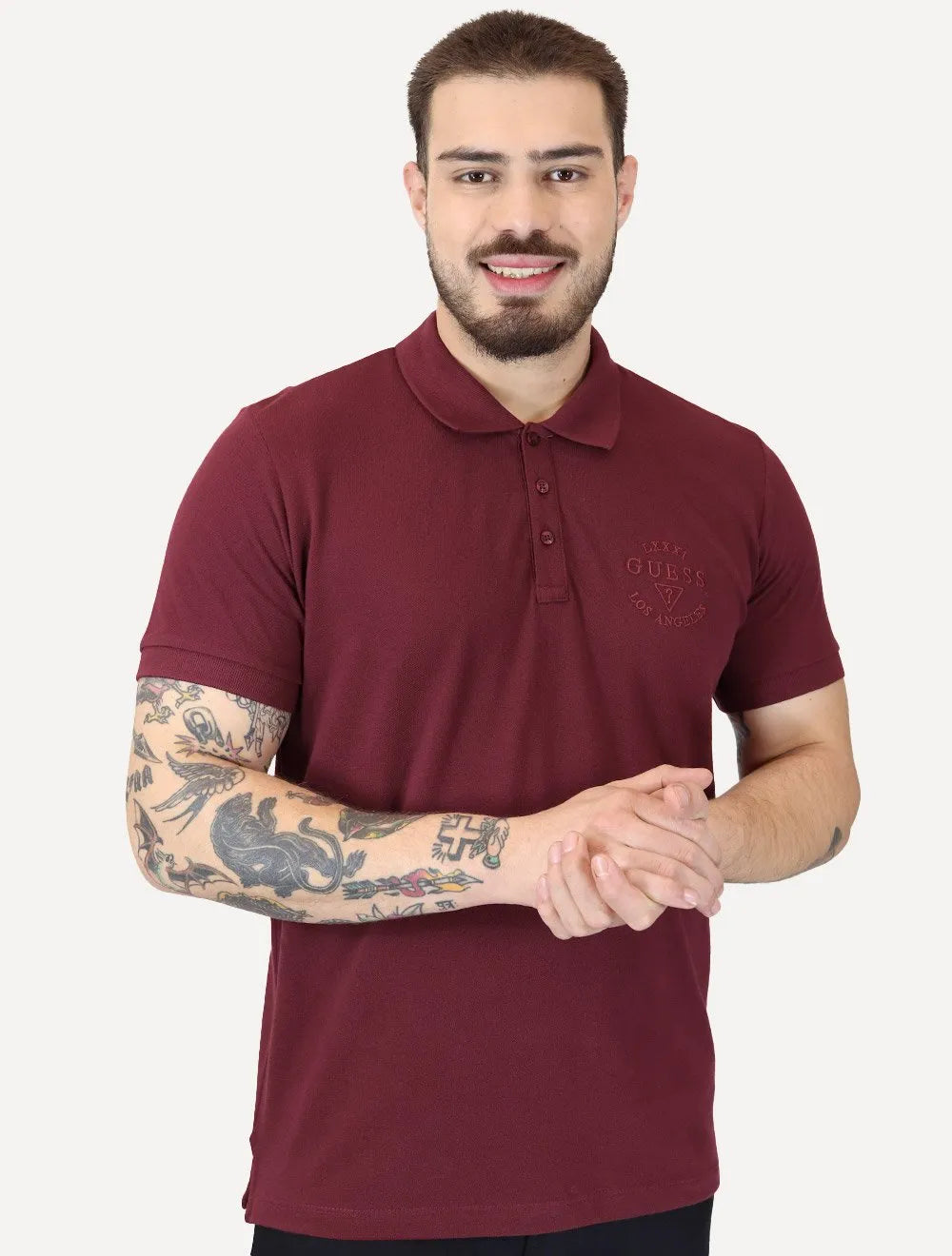 Polo Guess Masculina Piquet 1981 Bordado Bordô