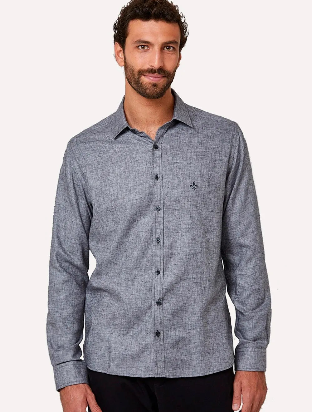 Camisa Dudalina Masculina Slim Twill Melange Cinza Escuro Mescla