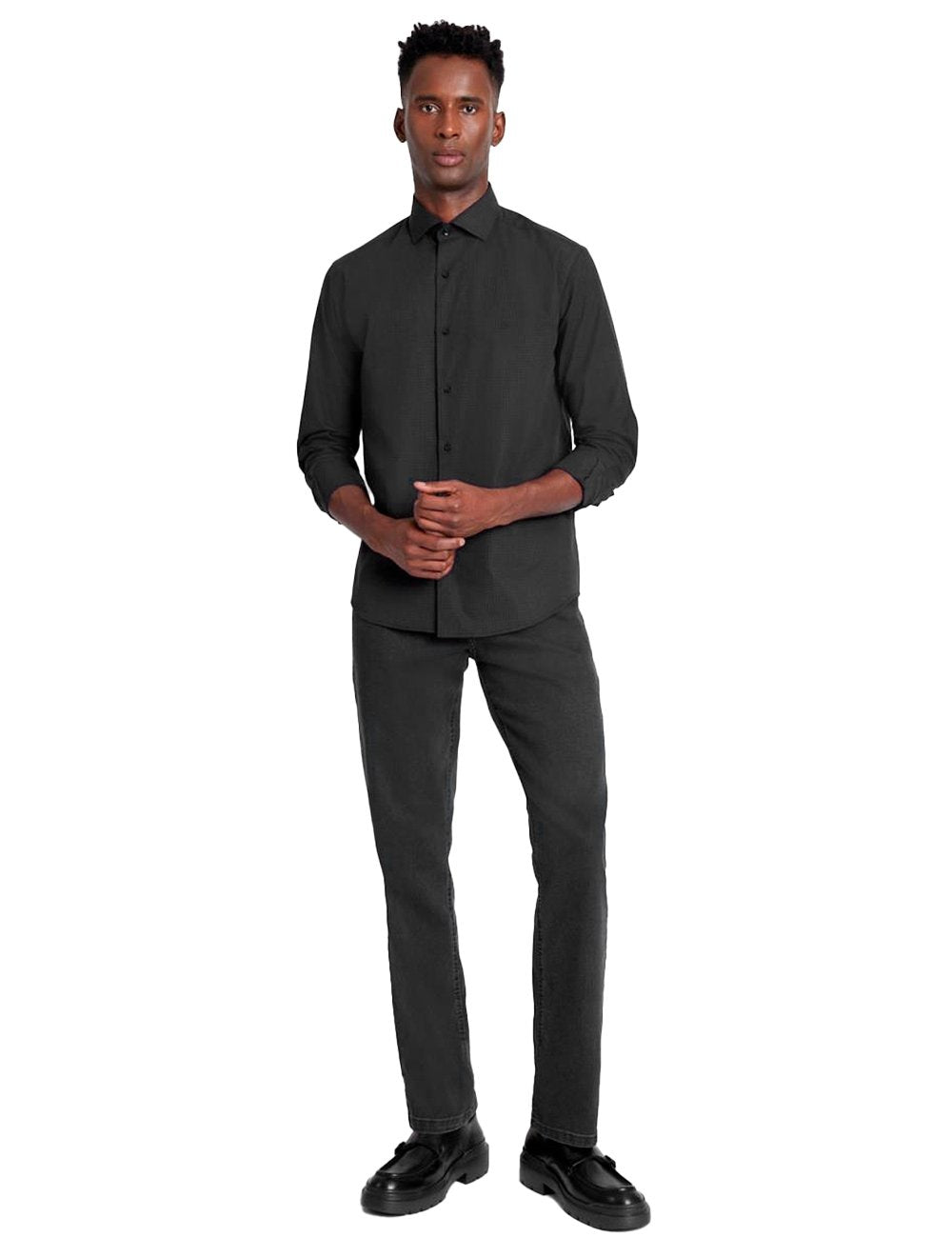 Camisa Aramis Masculina Slim Tricoline Micro Xadrez Stretch Preta