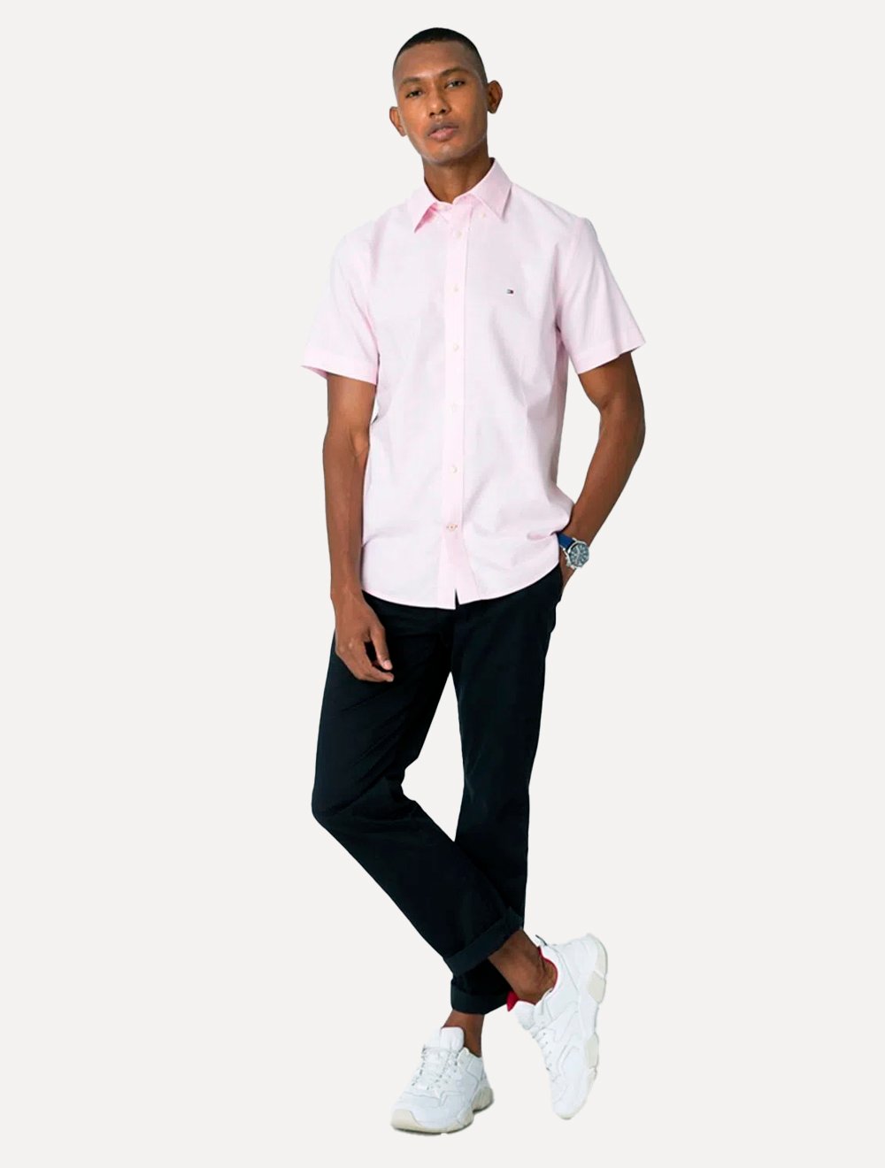 Camisa Tommy Hilfiger Masculina Manga Curta Regular Core Oxford Rosa Claro