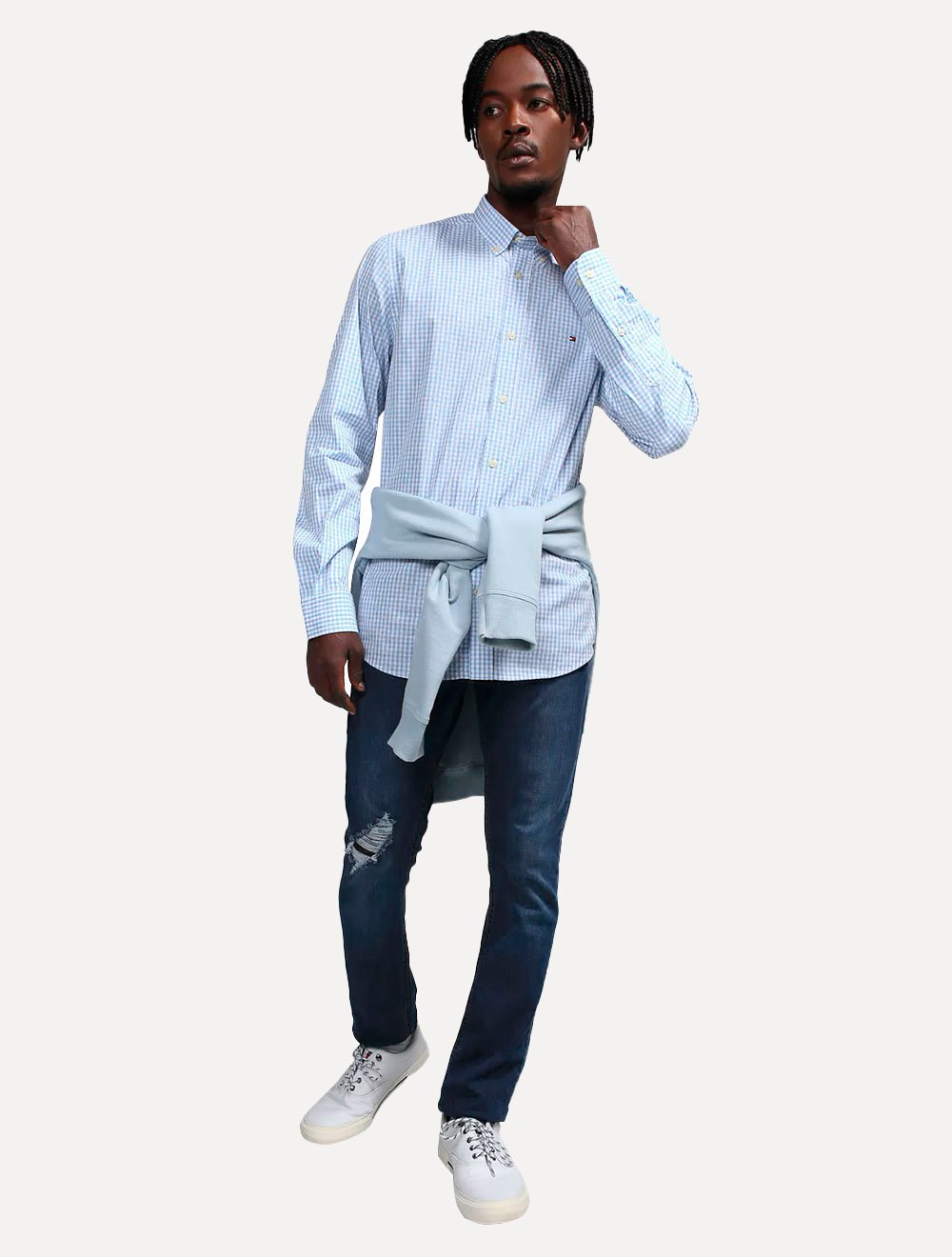 Camisa Tommy Hilfiger Masculina Xadrez Gingham Branca/Azul Claro