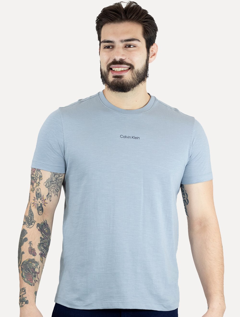 Camiseta Calvin Klein Masculina Flame Front Logo Azul Claro Mescla