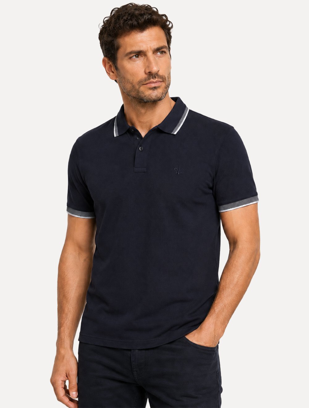 Polo Dudalina Masculina Malha Gola Friso Binada Azul Marinho